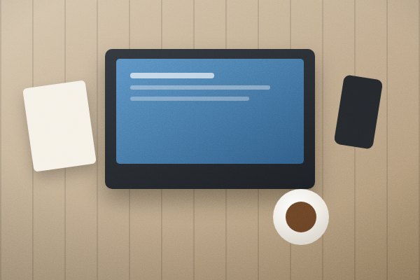 A desk with a laptop, notebook and coffee