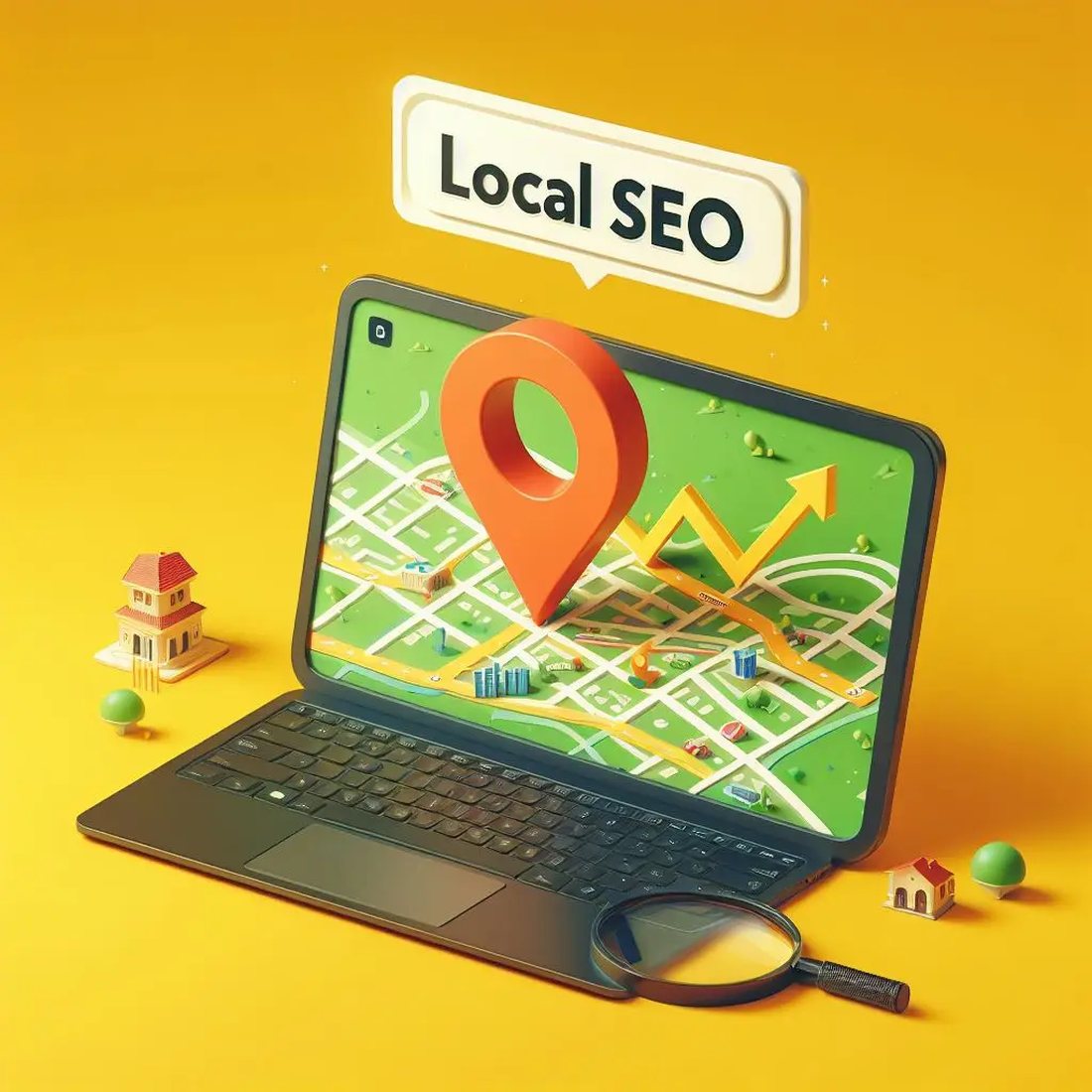 A laptop showing a local map with a location pin and a rising arrow