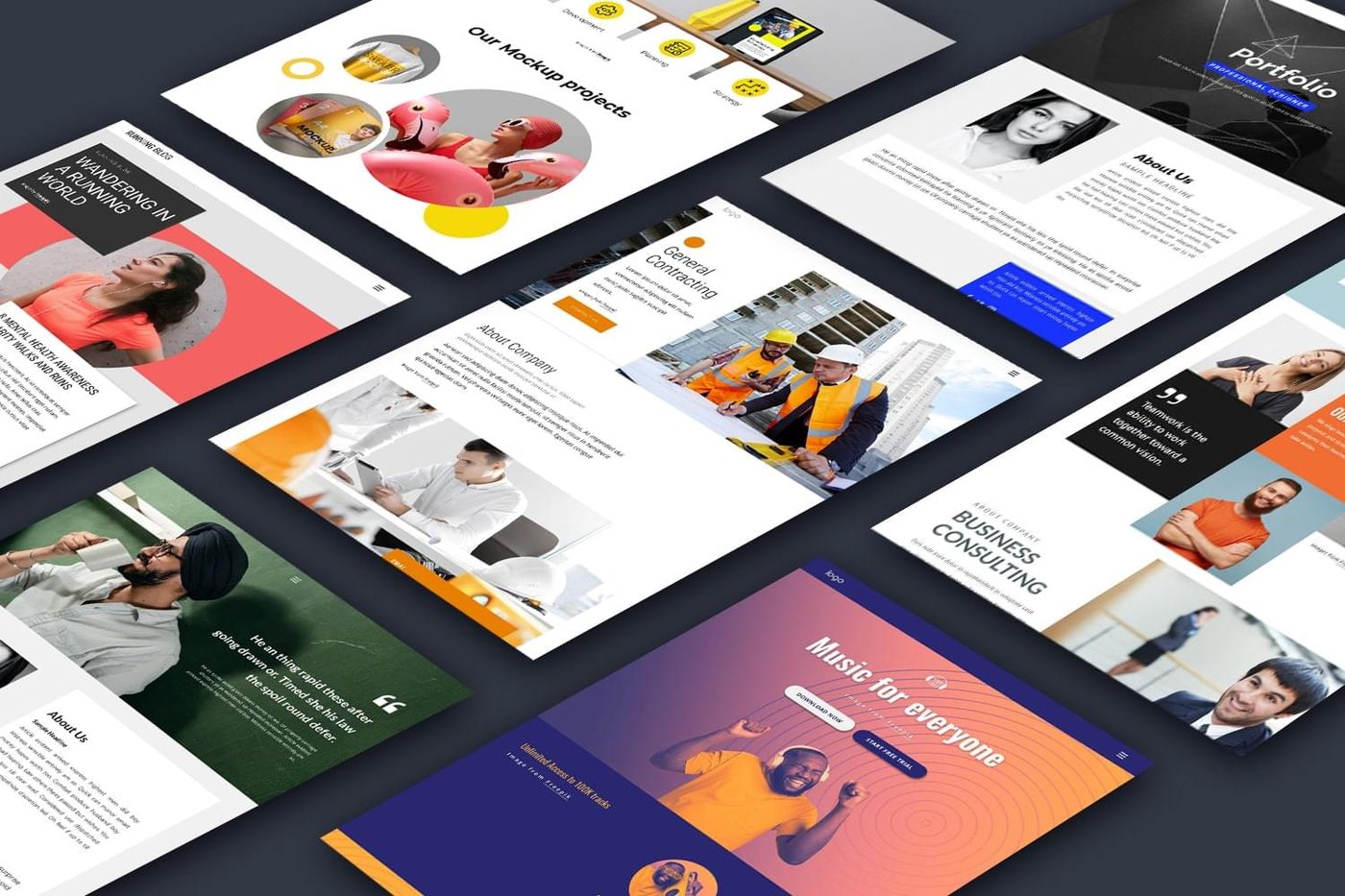 An arrangement of website designs shown in perspective